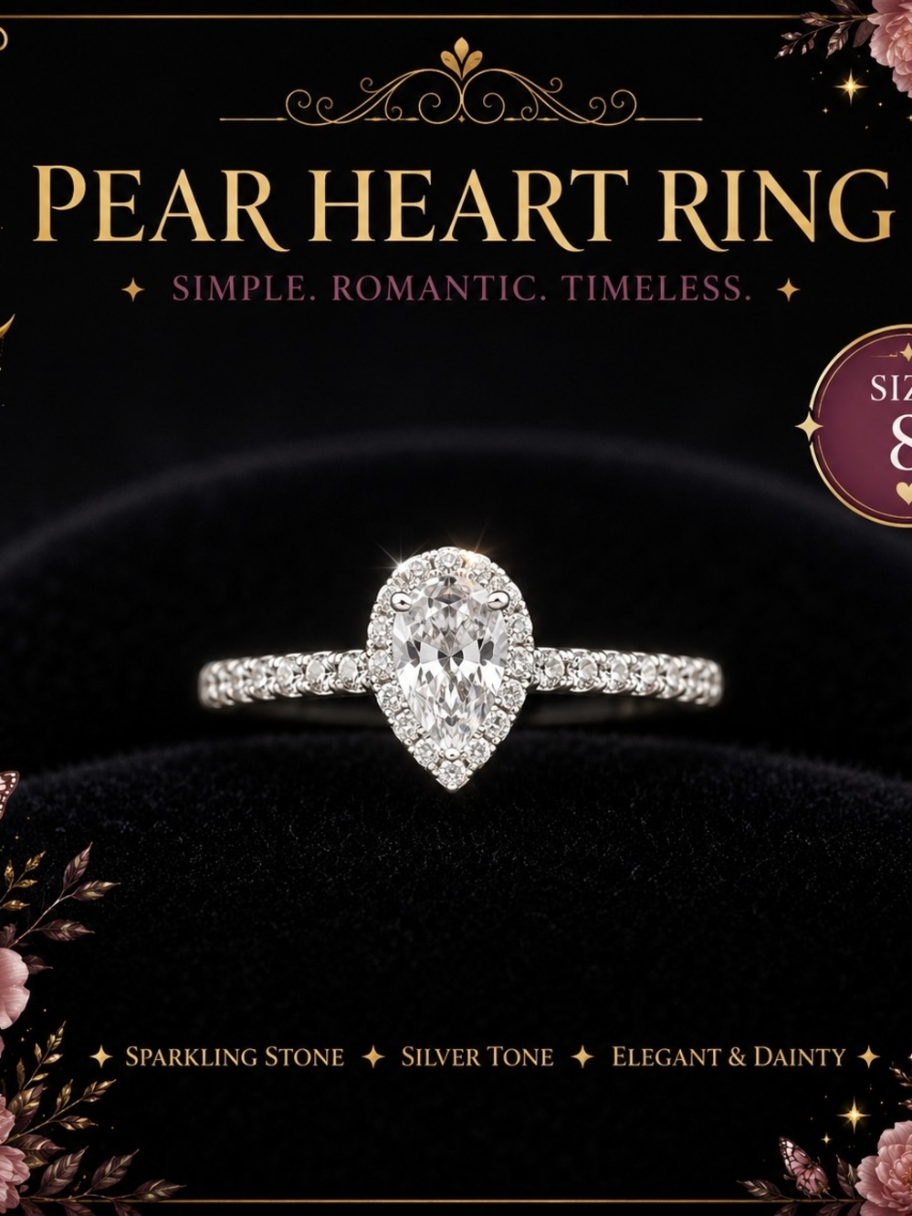 Pear Heart Ring - Silver Tone Sparkling Stone (Silver)